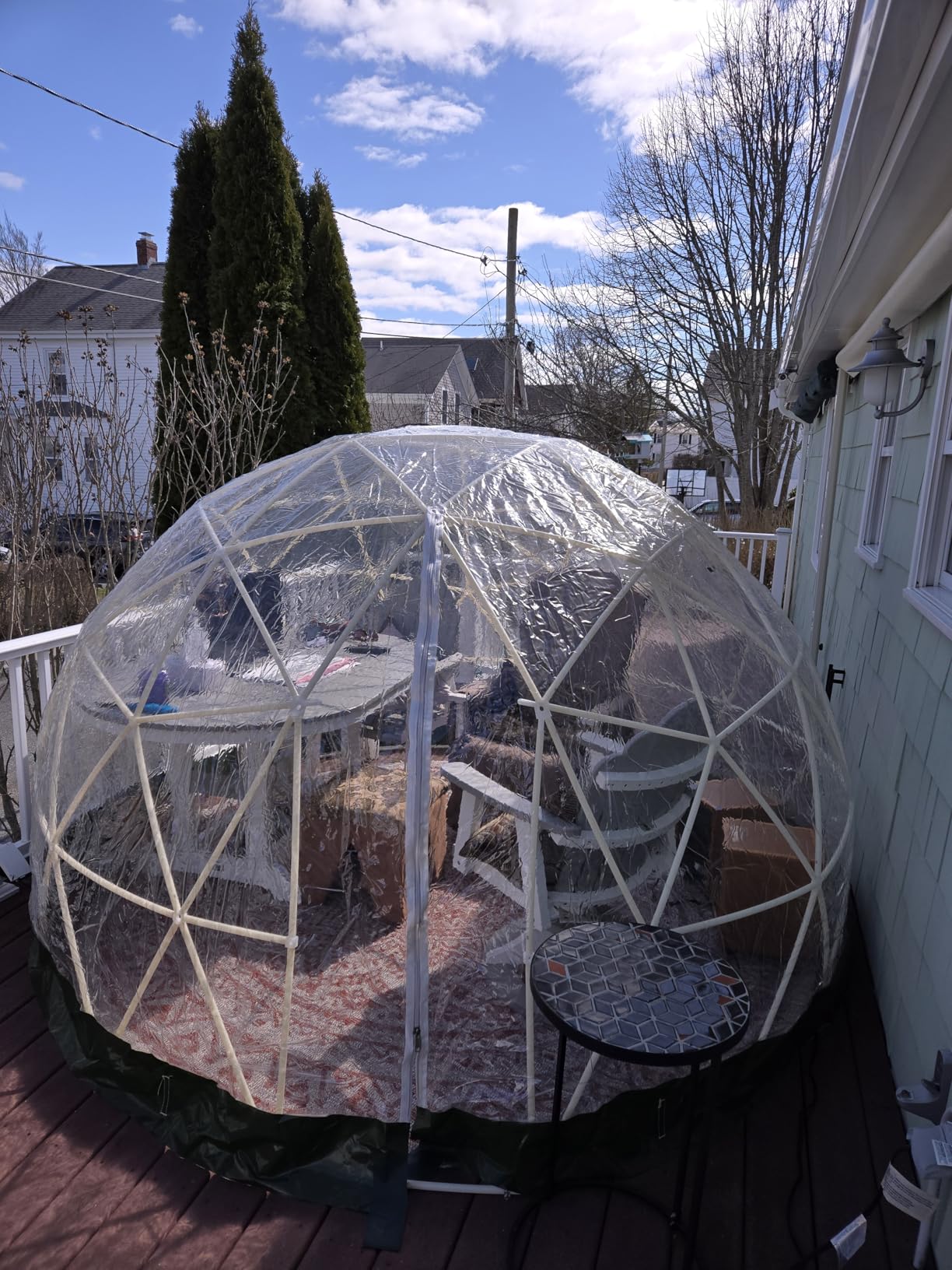 12FT Garden Dome Tent, Geodesic Dome Greenhouse with PVC Clear Cover, Waterproof Garden Bubble Dome Tent House with 2 x 10M Light Strings for Outdoor, Patio, Backyard, Party (Green Edge, 12.5FT/3.8M) - Customer Photo 1