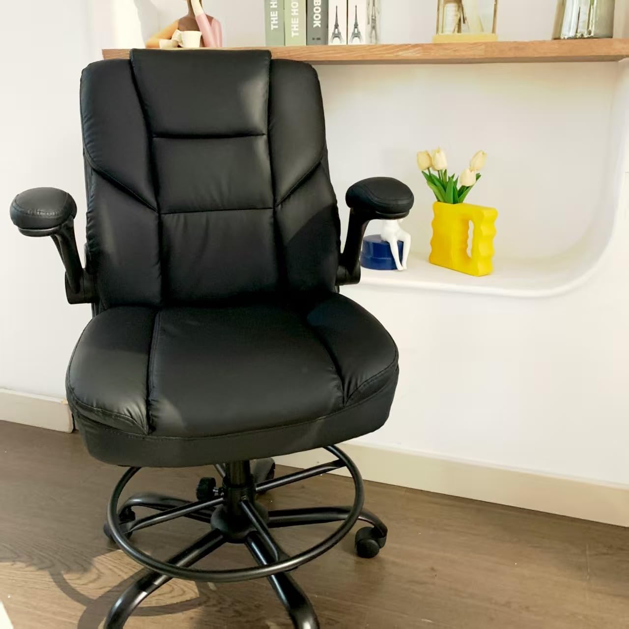 Drafting Chair 500Lbs, Tall Office Chair for Standing Desk, High PU Leather Executive Office Chair with Flip-up Armrests, Ergonomic High Chair with Adjustable Foot Ring, Comfy Stool Chairs, Black Customer Review Drafting Chair 500Lbs, Tall Office Chair for Standing Desk, High PU Leather Executive Office Chair with Flip-up Armrests, Ergonomic High Chair with Adjustable Foot Ring, Comfy Stool Chairs, Black - Customer Photo 5