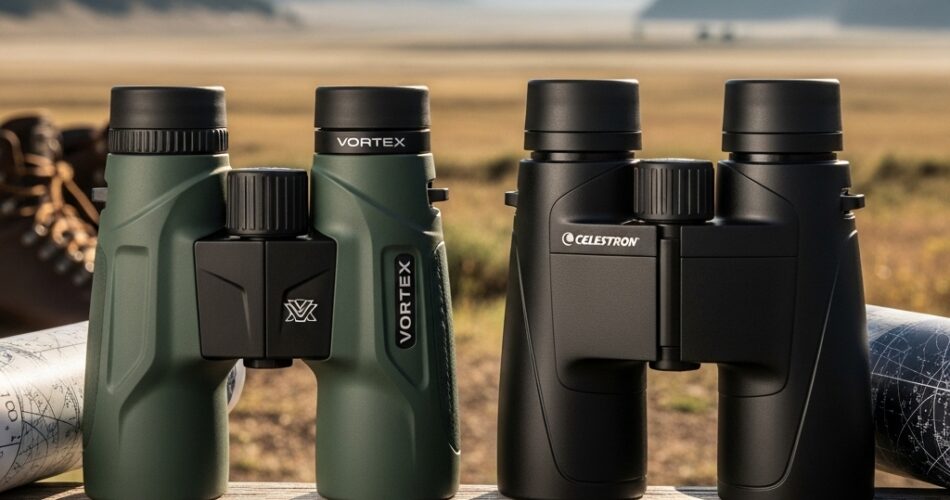 Celestron vs Vortex binoculars brand comparison table for 2026 showing warranty and lens quality.