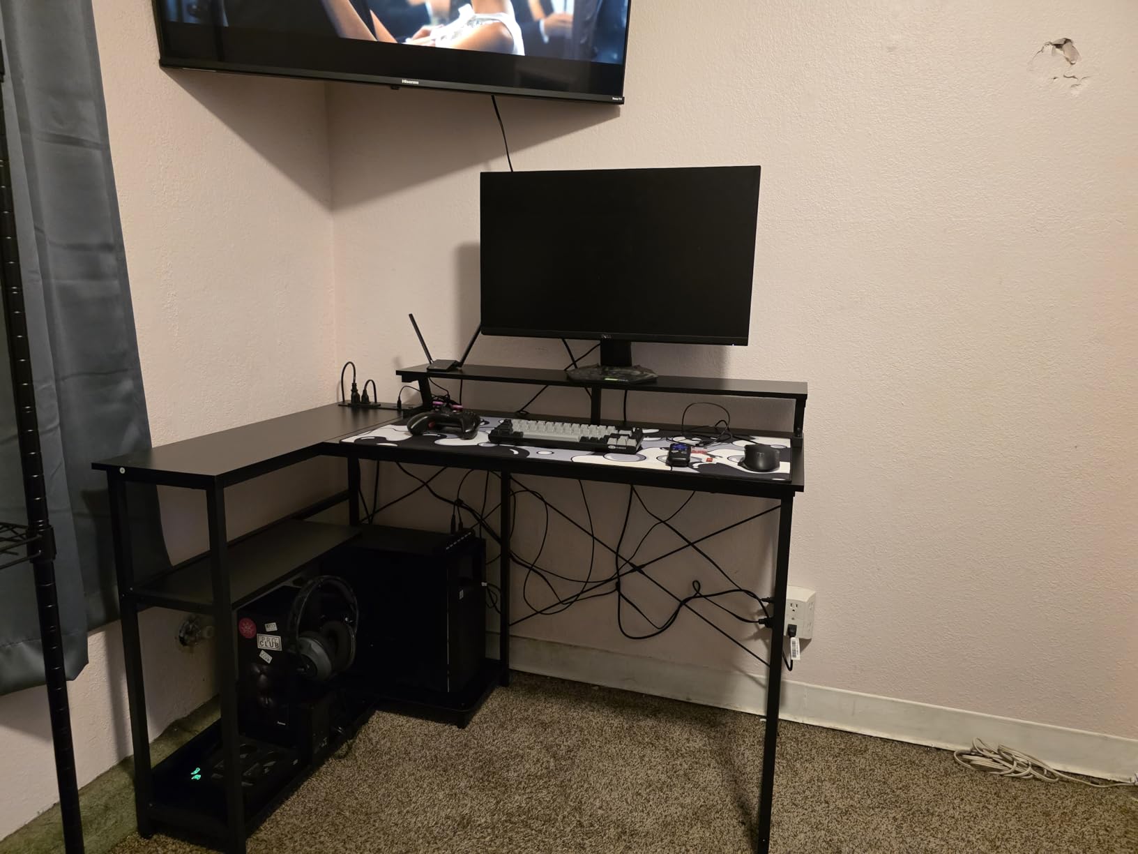 ODK 48 Inch Gaming Desk with USB Charging Ports and LED Lights, Reversible L Shaped Computer Desk with Storage Shelves & Monitor Stand, Corner Gamer Desk Table with Power Outlets, Black - Customer Photo 2