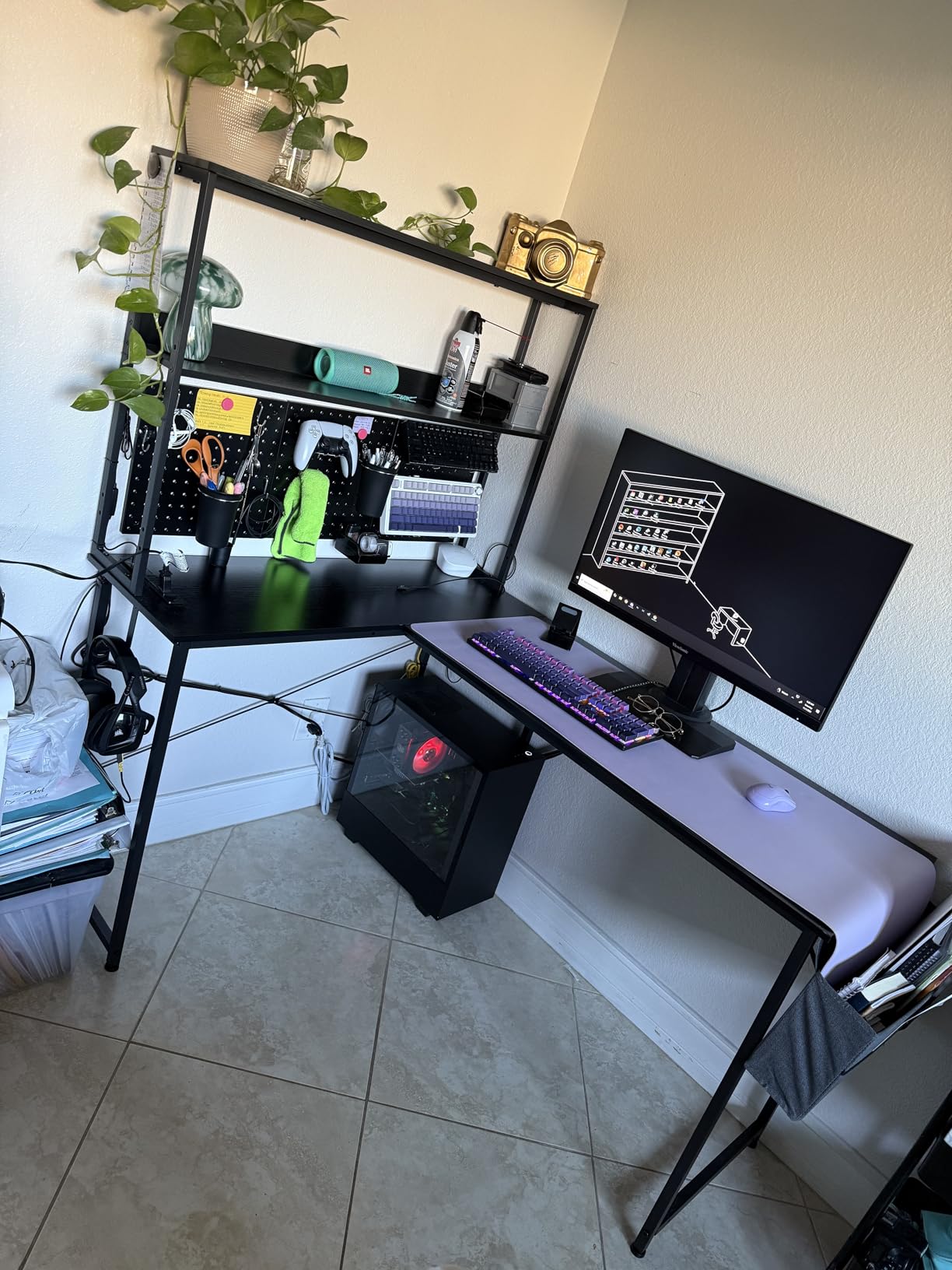 AODK L Shaped Desk Gaming Desk with LED Light & Power Outlet, 53 Inch Reversible L Shaped Computer Table with Shelf & Storage Bag & Hook for Home Office, Black - Customer Photo 2