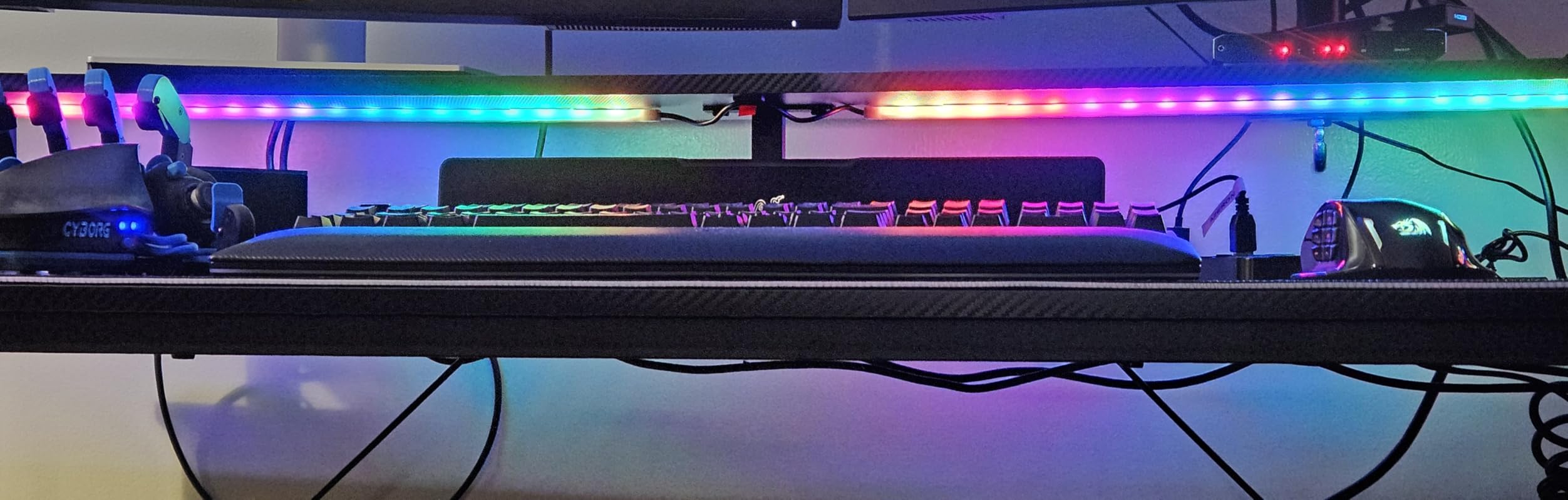 AODK 59 Inch Gaming Desk with USB Charging Ports & LED Light- Reversible Computer Desk with Storage Shelves & Monitor Stand, Modern Gamer Desk Table with Fabric Drawers & Side Hook, Carbon Fiber Black - Customer Photo 1