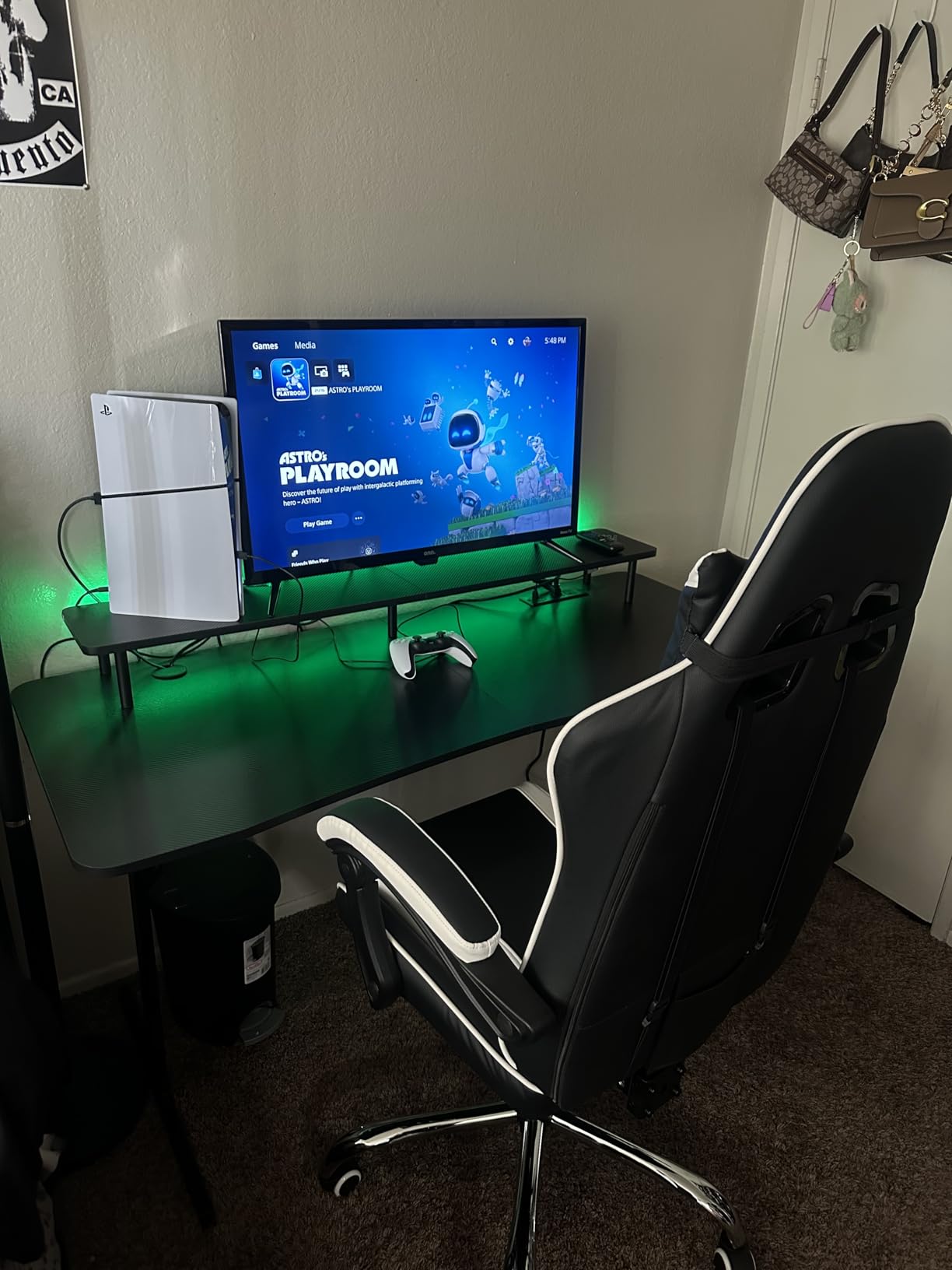 GTRACING 55 Inch Gaming Desk with LED Lights & Power Outlet, Computer Gamer Desk with Monitor Stand, Ergonomic Carbon Fiber Gaming Table Home Office Desk with Headphone Hook & Mouse Pad - Customer Photo 1