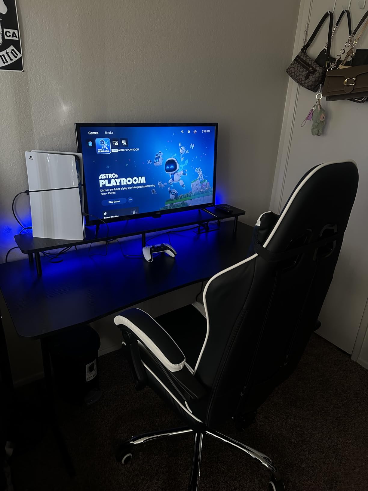 GTRACING 55 Inch Gaming Desk with LED Lights & Power Outlet, Computer Gamer Desk with Monitor Stand, Ergonomic Carbon Fiber Gaming Table Home Office Desk with Headphone Hook & Mouse Pad - Customer Photo 2